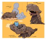  1girl barroth border cellphone charging_device coffee colored_sclera cup cushion faceless faceless_female hanging_food highres ikuchi_osutega monster monster_hunter_(series) mug outside_border phone sharp_teeth sitting sleeping smartphone steam teeth tongue white_border yellow_background yellow_sclera 