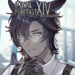  1boy animal_ears artist_name black_gloves black_hair cat_boy cat_ears colored_skin copyright_name english_text facial_mark feather_hair_ornament feathers final_fantasy final_fantasy_xiv fingerless_gloves glasses gloves grey_skin guan_tang_baozi hair_ornament hand_on_own_chin male_focus miqo&#039;te parted_lips purple_eyes round_eyewear shirt short_hair solo upper_body warrior_of_light_(ff14) whisker_markings white_shirt 