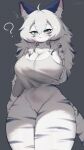 anthro big_breasts blue_eyes breasts clothed clothing felid female fur hair hi_res huge_breasts inner_ear_fluff mammal nua_(omeki) omeki pantherine question_mark simple_background solo striped_body striped_fur stripes tail thick_thighs tiger tuft white_body white_fur white_hair wide_hips