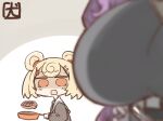  2girls akanotanin13 animal_ears arknights bear_ears blonde_hair blurry blurry_foreground breasts chibi food frying_pan gummy_(arknights) head_out_of_frame holding holding_frying_pan large_breasts multiple_girls purple_hair red_eyes shaded_face steak surprised typhon_(arknights) 