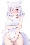  1girl animal_ear_fluff animal_ears arm_under_breasts breasts grey_hair inubashiri_momiji large_breasts looking_at_viewer lulu_akitsuki pom_pom_(clothes) red_eyes rururiaru shirt short_hair sleeveless sleeveless_shirt tail touhou wolf_ears wolf_girl wolf_tail 