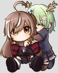  2girls ahoge antlers brown_eyes brown_hair ceres_fauna chibi commission derivative_work ear_piercing earrings fishnet_thighhighs fishnets flower green_hair hair_flower hair_ornament highres hololive hololive_english horns hug hug_from_behind jewelry moon_ldl multicolored_hair multiple_girls nanashi_mumei nanashi_mumei_(4th_costume) nightmare_(nanashi_mumei) piercing shirt streaked_hair striped_clothes striped_shirt thighhighs two-tone_hair virtual_youtuber white_hair 