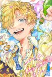  1boy 2023 blonde_hair blue_eyes bottle cigarette collared_shirt confetti curly_eyebrows dated english_text facial_hair fire goatee happy_birthday highres holding holding_bottle liquid mustache one_piece open_mouth ponko517 portrait sanji_(one_piece) shirt short_hair smile sparkling_eyes teeth tongue yellow_shirt 