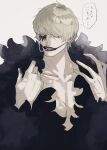  1boy cigarette collarbone donquixote_rocinante facepaint feather_boa highres large_hands lipstick makeup male_focus mouth_hold one_piece pectoral_cleavage pectorals red_eyes scar scar_on_hand short_hair smoking sub_45 teeth_hold thought_bubble translation_request upper_body 
