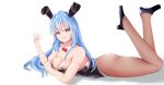  absurdres animal_ears black_footwear black_leotard blue_hair breasts bright_pupils cleavage commentary english_commentary from_side full_body ginari high_heels highres hinanawi_tenshi large_breasts leotard long_hair looking_at_viewer parted_lips playboy_bunny rabbit_ears red_eyes simple_background touhou variant_set white_background white_pupils 