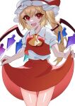  1girl ascot blonde_hair clothes_lift cowboy_shot crystal_wings dress flandre_scarlet hair_ribbon hat highres long_hair mob_cap open_mouth red_dress red_eyes red_ribbon ribbon side_ponytail simple_background skirt skirt_lift smile solo teruteru_(pixiv_98065144) touhou white_background yellow_ascot 