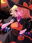  1girl alternate_costume bat_(animal) black_gloves blonde_hair candy cowboy_shot crescent_moon crystal_wings flandre_scarlet food gloves hat jack-o&#039;-lantern lollipop moon night night_sky one_eye_closed outdoors siomi_403 sky solo star_(sky) tongue tongue_out touhou witch witch_hat 