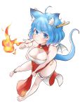  1girl ahoge animal_ear_fluff animal_ears anklet antlers barefoot blue_eyes blue_hair blue_wings blush breasts breathing_fire cleavage cleavage_cutout closed_mouth clothing_cutout commentary_request dog_ears dog_girl dragon_tail dragon_wings dress fire full_body heart highres horns jewelry large_breasts looking_at_viewer lovermoonlight medium_bangs nanashi_inc. pelvic_curtain red_dress short_hair simple_background sleeveless sleeveless_dress solo souya_ichika tail thigh_strap v-shaped_eyebrows virtual_youtuber white_background wings 