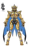  1boy amemiya_keita armor belt black_cape blue_cape cape concept_art full_armor full_body garo garo_(series) gold_armor helmet official_art pauldrons print_armor shoulder_armor solo tokusatsu two-tone_cape 