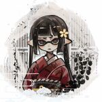 1girl black_eyes black_hair black_sash bright_pupils highres inkling inkling_girl inkling_player_character japanese_clothes kimono obi parted_lips pointy_ears red_kimono sash short_eyebrows solo splatoon_(series) straight_hair tentacle_hair thenintlichen96 upper_body white_pupils 