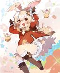  1girl ahoge animal_ears backpack bag bloomers blue_flower blush boots brown_footwear brown_gloves coat dodoco_(genshin_impact) flower genshin_impact gloves hair_ornament highres klee_(genshin_impact) open_mouth petals pointy_ears rabbit_ears rabbit_girl rabbit_tail red_coat red_eyes solo tail twintails twitter_username wai1010 