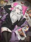  1girl absurdres alcohol black_jacket bottle cigarette_pack clothes_pull food glasses highres holding holding_bottle jacket looking_at_viewer lying on_back open_clothes open_jacket original pantyhose pantyhose_pull partially_unbuttoned purple_eyes rasa_k shirt thighs white_hair white_shirt 