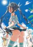  4girls apron ass bangs bikini black_bikini black_hair blonde_hair blue_bikini blue_eyes blue_sky blush breasts commentary_request covered_nipples day eyebrows_visible_through_hair flat_chest from_behind green_eyes hair_between_eyes hair_ornament hair_ribbon highres large_breasts long_hair looking_at_viewer looking_back maid_bikini maid_headdress micro_bikini multiple_girls navel off_shoulder open_mouth ore_twintail_ni_narimasu outdoors red_eyes ribbon sakuragawa_mikoto shindou_erina shiny shiny_hair shiny_skin side-tie_bikini sideboob silver_hair skirt sky slingshot_swimsuit small_breasts smile standing striped striped_legwear swimsuit thighhighs tsube_aika twintails twoearle umbrella very_long_hair waist_apron white_swimsuit yuto_(dialique) 