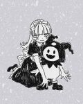  1girl alice_(megami_tensei) blush_stickers dress full_body greyscale hairband highres jack_frost kneeling long_hair looking_at_viewer machihazure mary_janes monochrome shin_megami_tensei shoes sketch smile 