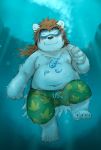  2011 anthro belly blush clothing eyes_closed fish humanoid_hands male mammal marine moobs navel nipples overweight overweight_male roostax_wilddog solo swimwear ursid water 