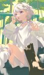  1girl :o cat choker collarbone dappled_sunlight day feet_out_of_frame forest from_side gradient_hair hair_behind_ear hand_in_own_hair highres hololive hololive_dev_is jacket long_sleeves looking_at_viewer loose_socks multicolored_hair nature open_clothes open_jacket open_mouth outdoors purple_eyes purple_hair railing shirt short_hair shorts sidelocks sitting sitting_on_stairs socks solo stairs sunlight todoroki_hajime tree virtual_youtuber white_choker white_hair white_jacket white_shirt white_shorts white_socks yamagamiamami 