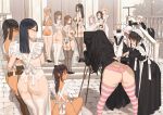  6+girls apron ass breasts building clothes_lift commentary dark-skinned_female dark_skin english_commentary highres large_breasts long_hair maid multiple_girls original panties pantyhose skirt skirt_lift taking_picture thighs throtem underwear 