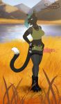  2019 anthro belt biped black_fur black_nose black_tail blue_eyes blue_sky boots bottomwear brown_collar clothed clothing collar day detailed_background digital_media_(artwork) dipstick_tail domestic_cat ear_piercing ear_ring eyebrows eyelashes felid feline felis female fingerless_gloves fishnet footwear front_view full-length_portrait fur gloves grass green_bottomwear green_clothing green_shirt green_shorts green_topwear grey_eyebrows grey_hair grin hair hi_res industrial_piercing lake looking_at_viewer mammal midriff mountain multicolored_fur multicolored_tail navel navel_piercing outside piercing portrait shirt short_hair shorts signature sky slit_pupils smile solo spiked_collar spikes standing sunny_way tank_top teeth topwear two_tone_fur two_tone_tail whiskers white_fur white_tail 