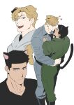 2boys absurdres animal_ears ao_isami black_hair blonde_hair blue_eyes boots cat_boy dog_boy ekstmekajr extra_ears hands_on_another&#039;s_chest heart highres hug jumpsuit kemonomimi_mode lewis_smith male_focus multiple_boys muscular muscular_male simple_background tail thick_eyebrows white_background yaoi yuuki_bakuhatsu_bang_bravern 