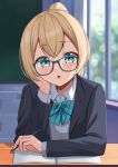  1girl 9696k absurdres bespectacled blonde_hair blue_eyes blush classroom collared_shirt desk glasses green-framed_eyewear highres hololive indoors kazama_iroha long_sleeves looking_at_viewer mechanical_pencil notebook parted_lips pencil ponytail shirt sitting solo virtual_youtuber white_shirt 