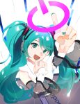  1girl :d absurdres aqua_eyes aqua_hair aqua_nails arm_up black_sleeves detached_sleeves english_commentary finger_to_mouth foreshortening hair_between_eyes hair_ornament hatsune_miku head_tilt headphones highres long_hair looking_at_viewer open_mouth perspective pointing pointing_up power_symbol s_u_d see-through see-through_sleeves shirt sleeveless sleeveless_shirt smile solo standing twintails upper_body vocaloid white_background white_shirt 