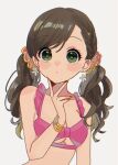  1girl bare_shoulders bikini breasts brown_hair cleavage closed_mouth collarbone dot_nose earrings etou_misaki_(idolmaster) flower_earrings green_eyes grey_background hand_up highres idolmaster idolmaster_cinderella_girls idolmaster_cinderella_girls_starlight_stage jewelry long_hair looking_at_viewer low_twintails medium_breasts nail_polish pink_bikini simple_background solo sukoyaka_(100hituzi) swimsuit twintails underboob upper_body yellow_nails 
