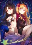  2girls :o arm_support armlet asymmetrical_sleeves bangs between_breasts black_dress black_hair black_legwear black_ribbon blonde_hair blue_legwear blush bow breasts cape dress earrings ereshkigal_(fate/grand_order) eyebrows_visible_through_hair fate/grand_order fate_(series) gold_trim hair_bow hair_ribbon high_heels highres holding hoop_earrings ishtar_(fate/grand_order) jewelry long_hair looking_at_viewer medium_breasts multiple_girls navel parted_bangs planet purple_bow purple_cape purple_eyes ran9u red_eyes ribbon short_dress shoulder-to-shoulder single_sleeve single_thighhigh sitting skull_necklace sky smile spine star_(sky) starry_sky strapless thighhighs tiara tubetop two_side_up 