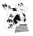 2024 anthro black_belt black_body black_clothing black_feathers black_jacket black_topwear bottomwear breasts cleavage clothed clothing dragon feathered_dragon feathered_wings feathers female fully_clothed grey_bottomwear grey_clothing grey_pants hair hi_res jacket mythological_creature mythological_scalie mythology navel pants portrait scalie simple_background solo standing tail tail_tuft thorn_paw three-quarter_portrait topwear tuft white_background white_body white_feathers white_hair white_tail white_wings wings