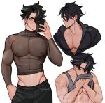  1boy absurdres artist_name bara bare_pectorals black_hair black_pants black_shirt closed_eyes covered_navel covered_nipples earrings genshin_impact grey_hair grey_tank_top highres holding holding_phone jewelry large_pectorals male_focus multicolored_hair muscular muscular_male pants pectorals phone scar scar_on_arm see-through shirt short_hair simple_background sippycupart tank_top two-tone_hair white_background wriothesley_(genshin_impact) 
