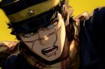 1boy glowing glowing_eyes golden_kamuy grmms_otk looking_to_the_side male_focus open_mouth outstretched_arm portrait scar scar_on_cheek scar_on_face scar_on_nose serious short_hair solo sugimoto_saichi yellow_eyes 