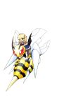  1girl :d bee beedrill blonde_hair bright_pupils bug commentary fireblast green_eyes highres insect_wings mega_beedrill mizuhashi_parsee pointy_ears pokemon pokemon_(creature) red_eyes simple_background smile touhou white_background white_pupils wings 