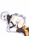  1girl all_fours ass bangs blue_eyes blush boots eyebrows_visible_through_hair hair_between_eyes high_heel_boots high_heels honkai_(series) honkai_impact_3rd kuro_(kuronell) long_hair long_sleeves looking_at_viewer panties puffy_long_sleeves puffy_sleeves silver_hair solo theresa_apocalypse thighhighs underwear white_background white_panties 
