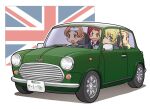  4girls assam_(girls_und_panzer) black_necktie blonde_hair blue_eyes blue_sweater braid car closed_mouth commentary darjeeling_(girls_und_panzer) dress_shirt driving flag_background frown girls_und_panzer long_sleeves looking_at_another looking_at_viewer looking_to_the_side mini_cooper motor_vehicle multiple_girls necktie open_mouth orange_hair orange_pekoe_(girls_und_panzer) parted_bangs parted_lips red_hair rosehip_(girls_und_panzer) school_uniform shirt short_hair sitting smile st._gloriana&#039;s_school_uniform sweater twin_braids union_jack uona_telepin v-neck v-shaped_eyebrows vehicle_focus white_shirt wing_collar 