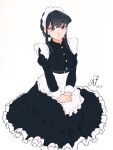  1girl 2023 apron black_dress black_hair breasts cacto_art commentary dress frilled_dress frills full_body highres komi-san_wa_komyushou_desu komi_shouko large_breasts lips maid purple_eyes raised_eyebrows seiza sidelocks signature sitting solo waist_apron 