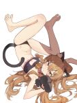  1girl absurdres aisaka_taiga alternate_costume animal_collar animal_ear_fluff animal_ears animal_hands armpits barefoot bell black_bra black_gloves black_panties black_tank_top blush bra breasts brown_eyes brown_hair cat_cutout cat_ears cat_lingerie chamchamshia chinese_commentary closed_mouth clothing_cutout collar commentary_request fake_animal_ears fake_tail feet gloves hair_between_eyes highres legs long_hair looking_at_viewer lying meme_attire navel neck_bell on_back panties paw_gloves shadow sidelocks simple_background small_breasts soles solo spread_toes stomach tail tank_top thighhighs toenails toes toradora! underwear upside-down very_long_hair wavy_mouth white_background 