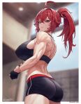  1girl ahoge bare_shoulders blurry blurry_background border closed_mouth fingerless_gloves gloves goddess_of_victory:_nikke high_ponytail highres indoors muscular muscular_female nihilister_(nikke) red_eyes red_hair short_shorts shorts signature sivarkart solo sports_bra white_border 