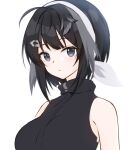  1girl ahoge arknights arms_at_sides bare_shoulders black_eyes black_hair black_shirt blush bow breasts closed_mouth dot_mouth hair_bow hair_intakes hairband head_wings la_pluma_(arknights) lalihop large_breasts looking_at_viewer portrait shirt short_hair sidelocks simple_background sleeveless sleeveless_shirt solo turtleneck turtleneck_shirt white_background white_bow white_hairband wings 