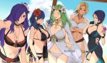  5girls bare_shoulders beach bikini black_bikini black_choker black_one-piece_swimsuit blonde_hair blue_eyes blue_hair breasts byleth_(female)_(fire_emblem) byleth_(female)_(summer)_(fire_emblem) byleth_(fire_emblem) casual_one-piece_swimsuit catherine_(fire_emblem) catherine_(summer)_(fire_emblem) choker cleavage commentary_request covered_navel fire_emblem fire_emblem:_three_houses fire_emblem_heroes fire_emblem_warriors:_three_hopes flower green_hair hair_between_eyes hair_flower hair_ornament hair_over_one_eye hibiscus highres large_breasts long_hair midriff multiple_girls navel official_alternate_costume one-piece_swimsuit open_mouth purple_eyes purple_hair rhea_(fire_emblem) rhea_(summer)_(fire_emblem) shamir_nevrand shamir_nevrand_(summer) shez_(female)_(fire_emblem) shez_(female)_(summer)_(fire_emblem) shez_(fire_emblem) short_hair smile stomach swimsuit ushiomi white_bikini yellow_flower 