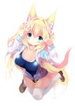  1girl animal_ear_fluff animal_ears arms_up bangs blonde_hair blue_eyes blue_swimsuit blush bow breasts brown_footwear cleavage closed_mouth collarbone commentary_request covered_navel double_fox_shadow_puppet drawstring eyebrows_visible_through_hair fox_ears fox_girl fox_shadow_puppet fox_tail fuuna_thise hair_between_eyes hair_bow hair_intakes highres hood hood_down hooded_jacket jacket large_breasts loafers long_hair new_school_swimsuit one-piece_swimsuit open_clothes open_jacket original school_swimsuit shoes simple_background smile solo swimsuit swimsuit_under_clothes tail thighhighs very_long_hair white_background white_bow white_jacket white_legwear 
