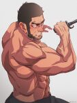  1boy anger_vein bara black_hair black_pants chest_hair clenched_teeth facial_hair golden_kamuy holding holding_weapon large_pectorals long_sideburns male_focus muscular muscular_male nopinzo pants pectorals short_hair sideburns simple_background solo tanigaki_genjirou teeth topless_male weapon white_background 