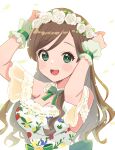  1girl arms_up bare_shoulders blurry bow breasts brown_hair choker cleavage depth_of_field dot_nose dress dress_bow etou_misaki_(idolmaster) falling_petals floral_print_dress flower flower_wreath green_bow green_eyes green_ribbon highres idolmaster idolmaster_cinderella_girls idolmaster_cinderella_girls_starlight_stage long_hair looking_at_viewer medium_breasts neck_ribbon off-shoulder_dress off_shoulder open_mouth petals ribbon short_sleeves simple_background smile solo sukoyaka_(100hituzi) teeth upper_body upper_teeth_only white_background white_choker white_dress white_flower wrist_guards 