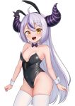  1girl 9696k absurdres ahoge animal_ears black_leotard bow bowtie braid breasts cleavage covered_navel demon_girl demon_horns detached_collar fake_animal_ears fang grey_hair hair_between_eyes highleg highleg_leotard highres hololive horns la+_darknesss leotard long_hair looking_at_viewer multicolored_hair open_mouth oversized_breast_cup playboy_bunny purple_hair rabbit_ears simple_background skindentation small_breasts solo strapless strapless_leotard streaked_hair striped_horns thighhighs traditional_bowtie very_long_hair virtual_youtuber white_background white_thighhighs wrist_cuffs yellow_eyes 