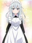  1girl alternate_costume apron black_dress commentary_request dress enmaided frilled_apron frills grey_eyes hibiki_(kancolle) highres kantai_collection looking_at_viewer maid maid_headdress parody solo split_mouth standing style_parody sugapi white_apron white_hair 