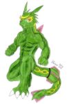 2013 abs akino-kamihara anthro colored_sketch convenient_censorship generation_3_pokemon holding_fist kneeling legendary_pokemon looking_at_viewer male muscular muscular_male nintendo nude pecs pokemon pokemon_(species) rayquaza signature sketch smile smiling_at_viewer solo