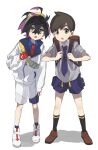  2boys :o ahoge backpack bag black_hair black_socks blue_shirt brown_bag brown_eyes brown_footwear brown_hair collared_shirt colored_inner_hair commentary_request crossed_bangs florian_(pokemon) gloves hair_between_eyes hairband highres holding_strap jacket kieran_(pokemon) looking_at_viewer male_focus multicolored_hair multiple_boys necktie open_mouth partially_fingerless_gloves pokemon pokemon_sv purple_necktie purple_shorts red_gloves red_necktie shirt shoes shorts single_glove socks standing wadasada white_footwear white_jacket white_shorts yellow_eyes yellow_hairband 