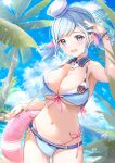  1girl absurdres bikini blue_eyes blue_hair blue_sky boat bracelet braid breasts cleavage cloud collarbone day detached_collar fujinomiya_rio hair_ribbon highres holding holding_swim_ring innertube jewelry large_breasts lens_flare mountainous_horizon navel ocean open_mouth original outdoors palm_tree pink_ribbon ribbon sailboat short_twintails sky smile solo swim_ring swimsuit tree twintails underboob water_drop watercraft white_headwear 