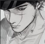  1boy birthday expressionless golden_kamuy greyscale hat kepi lhdzk looking_at_viewer male_focus military_hat monochrome portrait scar scar_on_cheek scar_on_face scar_on_nose sketch solo sugimoto_saichi thick_eyebrows 