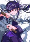  1girl absurdres asirpa coat earrings fur_coat golden_kamuy headband highres holding holding_knife hoop_earrings jewelry knife long_hair long_sleeves looking_to_the_side mygiorni purple_headband sidelocks simple_background solo white_background 