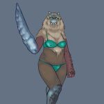 anthro arm_blades blue_body blue_horn blue_scales breasts brown_body brown_fur cheese.crisp clothing empty_eyes fangs female front_view fur goss_harag green_clothing green_swimwear grey_background hi_res horn looking_at_viewer nipple_outline red_body red_scales scales simple_background solo swimwear tan_body tan_fur teeth thick_thighs wide_hips yellow_eyes