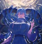  1girl air_bubble backlighting belt blue_dress blue_hair braid breasts bubble commentary crossed_bangs curled_horns dress fate/grand_order fate_(series) from_below hair_between_eyes hair_on_horn hand_up high_collar highres horns huge_breasts juliet_sleeves large_horns larva_tiamat_(fate) larva_tiamat_(third_ascension)_(fate) long_hair long_horns long_sleeves looking_at_viewer looking_down open_mouth outdoors pink_eyes pointy_ears puffy_sleeves ribbed_dress sleeves_past_elbows smile solo symbol-shaped_pupils teeth tiamat_(fate) upper_teeth_only x-shaped_pupils zuraa_(naunau_seijin) 